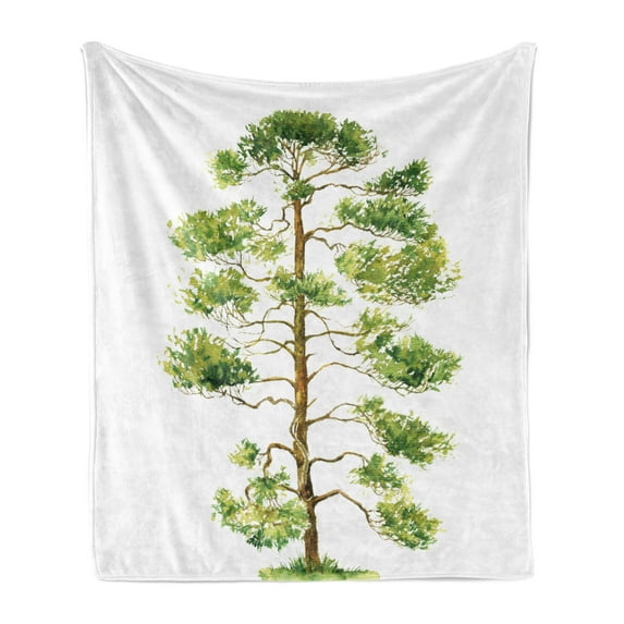 Tree Soft Flannel Fleece Throw Blanket, Watercolor Design Pattern of a Pine Tree Botanical Elements, Cozy Plush for Indoor and Outdoor Use, 50" x 60", Olive Green Apple Green, by Ambesonne