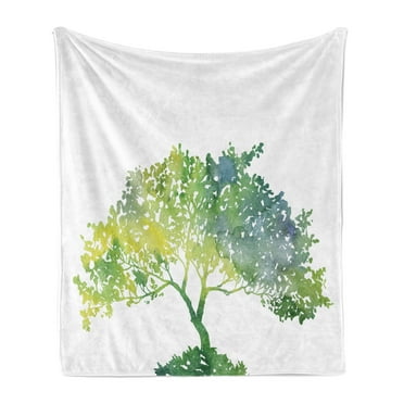 Tree Soft Flannel Fleece Throw Blanket, Watercolor Gradient Spring Nature Print, Cozy Plush for Indoor and Outdoor Use, 70" x 90", Lime Green White, by Ambesonne