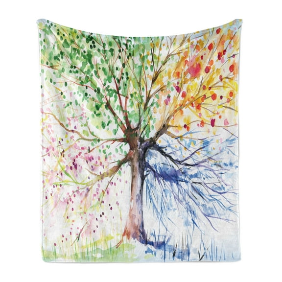Tree Soft Flannel Fleece Throw Blanket, Watercolor Nature Colorful Blooming Branches 4 Seasons Themed Illustration Print, Cozy Plush for Indoor and Outdoor Use, 50" x 60", Multicolor, by Ambesonne