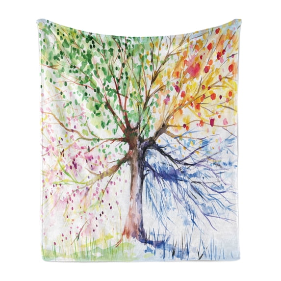 Tree Soft Flannel Fleece Throw Blanket, Watercolor Nature Colorful Blooming Branches 4 Seasons Themed Illustration Print, Cozy Plush for Indoor and Outdoor Use, 60" x 80", Multicolor, by Ambesonne
