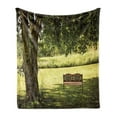 thumbnail image 1 of Tree Soft Flannel Fleece Throw Blanket, Wooden Bench Under Shady Big Tree in the National Park Fresh Tranquil Scenery, Cozy Plush for Indoor and Outdoor Use, 70" x 90", Green Brown, by Ambesonne, 1 of 5