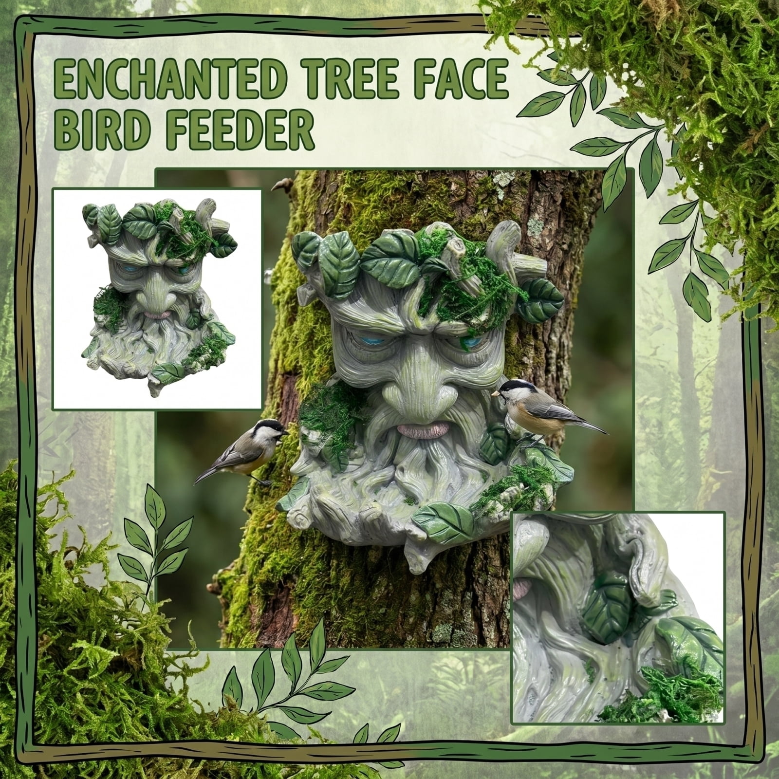 Tree Spirit Bird Feeder Outdoor Garden Decor Creative Hanging Feeder for Birds Yard Patio Balcony Green Plastic Feeder with Face Design Attracts Wild Birds
