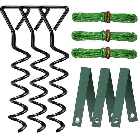 Spiral Tree Stake Kit - 3 Metal Stakes and Straps for Young Tree Support, Includes Ropes and Aluminum Adjusters