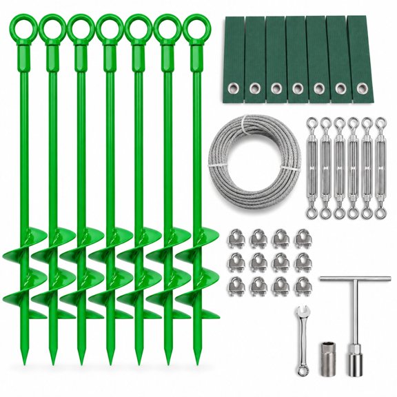 Tree Stake Kit, 6 Pack 18" Heavy Duty Spiral Stakes with Steel Cable, Turnbuckles and Straps for Medium Size Trees, Green