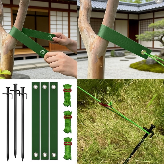 Tree Stake Kit, Ground Stakes Heavy Duty, Heavy Duty Stakes, Metal Garden Stakes, 3-Piece Green Heavy Duty Tree Support System, Includes 3 Solid Metal Ground Pegs, 3