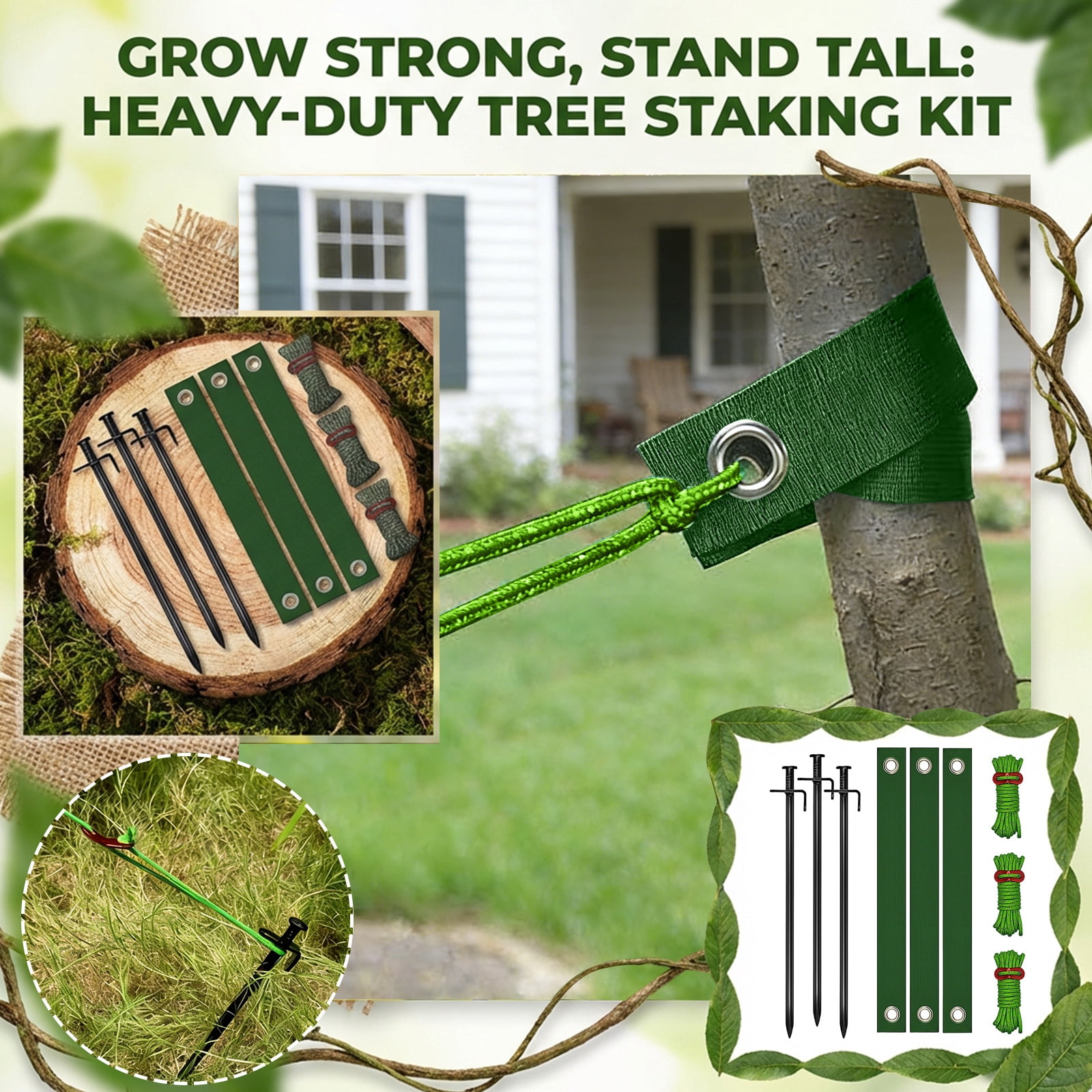 Tree Stake Kit Heavy Duty Support Straps, Tree Stabilizer Binding Tie Down Kit with Windproof Fixing Straps, Garden Tree Anchor Support System for Outdoor Yard Planting, Green