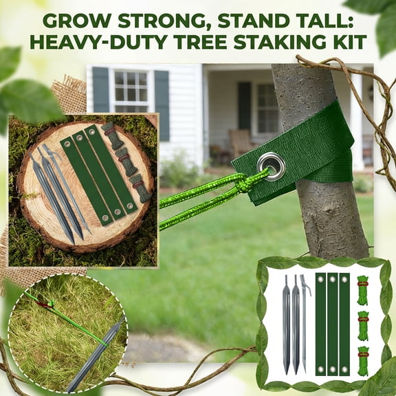 Tree Stake Kit, Heavy Duty Tent Stakes, Tie Down Straps with Hooks, Heavy Duty Rope, Hero Green Diamond-Shaped Metal Tree Staking Support Set with 3 Ground Stakes, 3 Binding