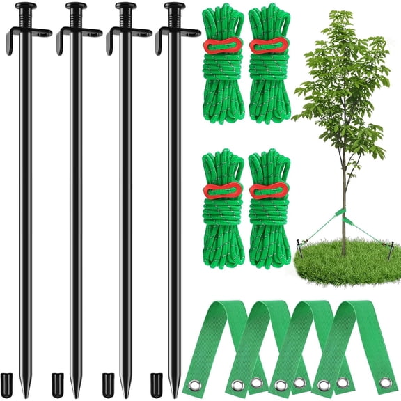 Tree Stakes Kits, 4 Pcs 11.8 Inch Heavy Duty Steel Stakes and Supports for Leaning Young Trees Straightening with 4 Pcs Support Straps and 13.2ft Anchor Ropes, Against Strong Wind Bad Weather
