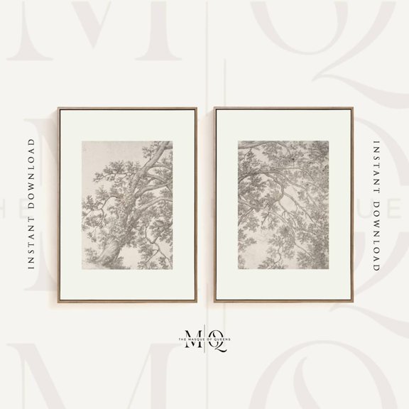 Tree Study Branch Etching Two Piece Vintage Forest Wall Art Set 2 Unframed Paper Print 8x12