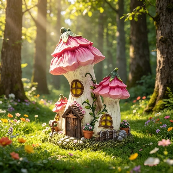 Tree Stump Fairy House Resin Statue,Hand-Painted Solid Resin Material,Stable Wide Moss-Covered Base for Fairy Garden Micro Layout,Desk Bookshelf,Window Sill,Balcony(Pink)