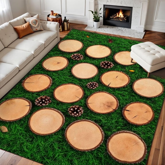 Tree Stump Grass Area Rug, Classroom Seating Nature Pattern Carpet, Washable Non Slip Low Pile Soft Thin, Classroom Playroom Bedroom School Home Decor Mat 2x3ft