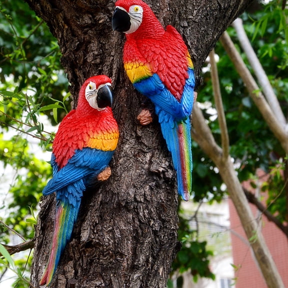 Tree Stump Parrot Ornament, Waterproof Resin Parrot Statue with Realistic Feather Texture, Outdoor Wall Mount Macaw Bird Ornament for Garden Tree Balcony Fence Decor