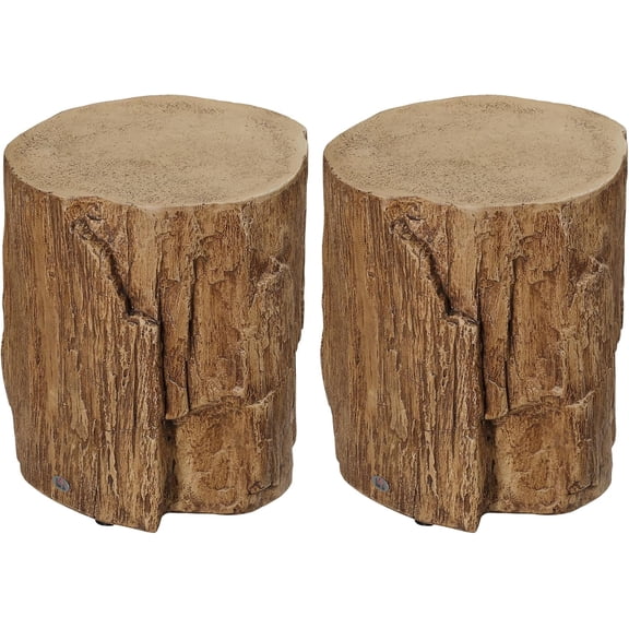 Tree Stump Stool, Decorative Side Table with Round Tabletop, Concrete End Table with Wood Grain Finish, for Indoors and Outdoors, Set of 2, Natural