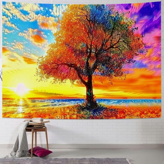 Tree Sunset Beach Tapestry Forest Nature Landscape Tapestry Wall Hanging Scenic Tree of Life Tapestry Psychedelic Natural Sunrise Tapestry for Bedroom Living Room Decor 40x30inch