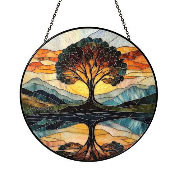 Tree Sunset Reflection Stained Glass Suncatcher – Scenic Nature Window Art2401