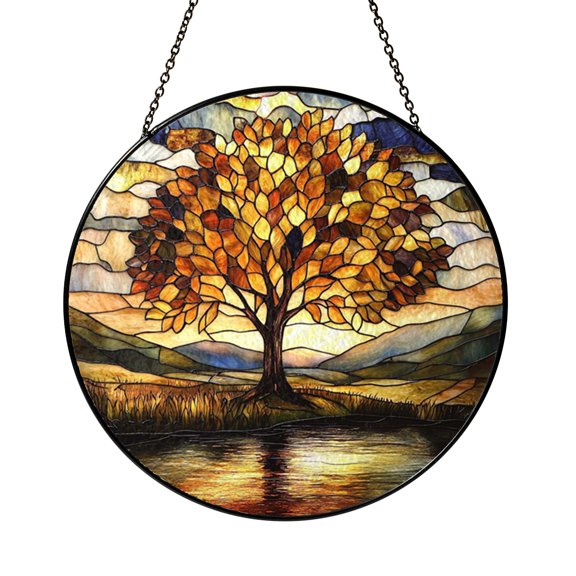 Tree Sunset Reflection Stained Glass Window Art Nature Landscape Meditation Home Decor