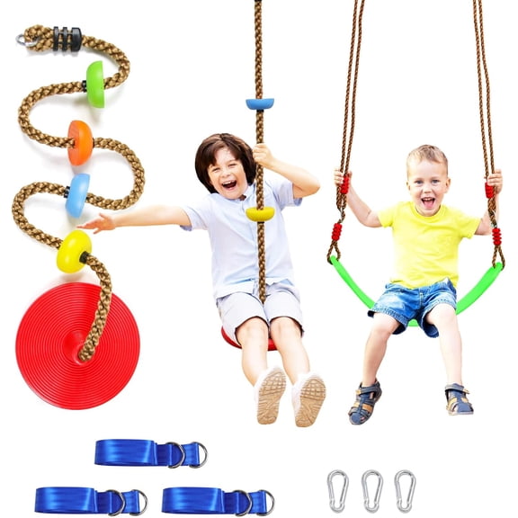 Tree Swing Climbing Rope 2 Pack Multicolor with Platforms Red Disc Swings Seat - Outdoor Playground Set Accessories Tree House Flying Saucer Outside Toys - Bonus Carabiner and 4 Feet Strap