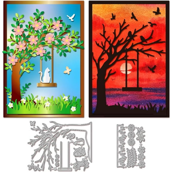 Tree Swing Cutting Dies for Card Making Metal Cat Bird Flower Die Cuts Cutting Dies Templates for Scrapbooking Journal Embossing Paper Craft Decor for DIY