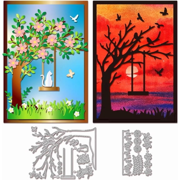 Tree Swing Cutting Dies for Card Making Metal Cat Bird Flower Die Cuts Cutting Dies Templates for Scrapbooking Journal Embossing Paper Craft Decor Stainless Steel Color