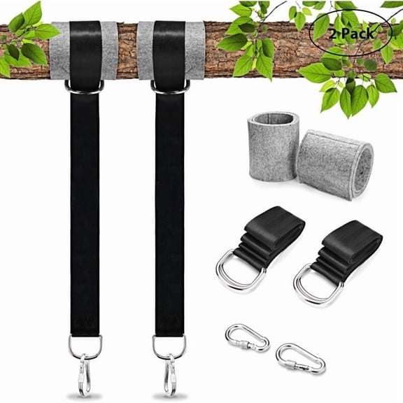 Tree Swing Hanging Kit (2 Pack) Holds 5ft Straps + 2 Tree Protectors + 2 Carabiners, Easy Installation for Any Swing or Hammock (Black).