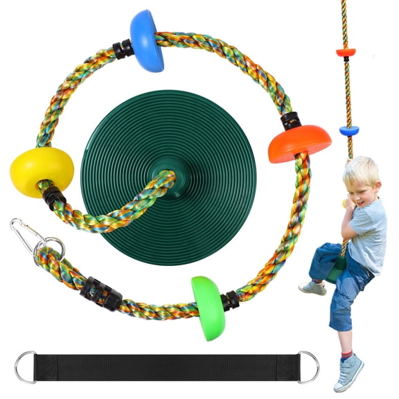 Tree Swing for Kids,Heavy Duty Single Disc Seat Climbing Rope Set with Hanging Strap and Platform Carabiners for Backyard Treehouse and Outdoor Playground Accessories (Green)
