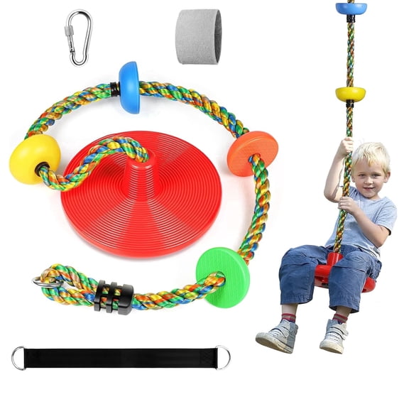JumpTrzz Tree Swing for Kids, Adjustable Rainbow Climbing Rope Swing with Carabiners & Straps, Outdoor Playground Treehouse Accessory,Red