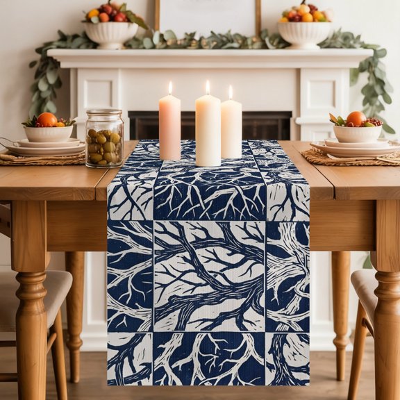 Tree Table Runner, Bare Branches Woods Blue White Washable Cotton-linen Table Runners Dining Kitchen Decoration for Everyday Home Wedding Party Decor, 13 x 36 Inch