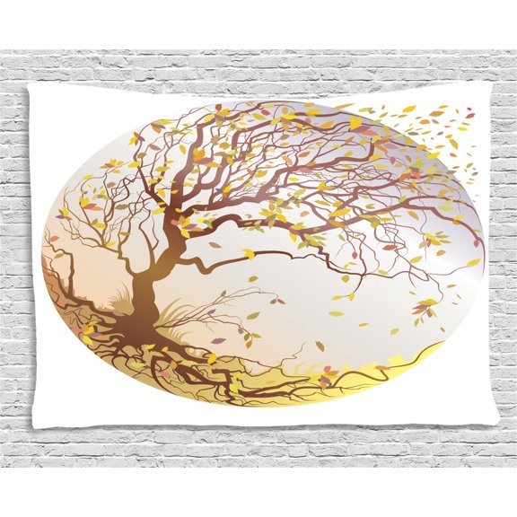Tree Tapestry, Autumn Tree on a Hill in Windy Weather Leaves Flying Fall Nature Circle Composition, Wall Hanging for Bedroom Living Room Dorm Decor, 60W X 40L Inches, Multicolor, by Ambesonne