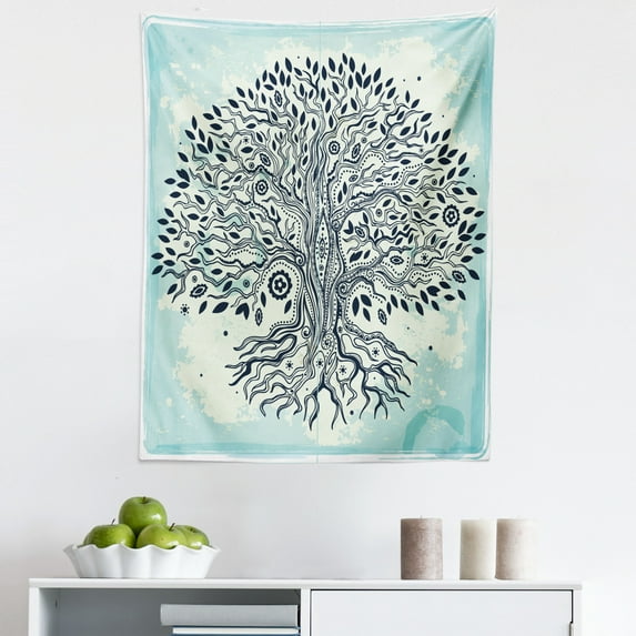 Tree Tapestry, Chinese Bonsai Tree of Life Art Print Boho Creative Illustration Mother Nature, Fabric Wall Hanging Decor for Bedroom Living Room Dorm, 5 Sizes, Beige Turquoise, by Ambesonne