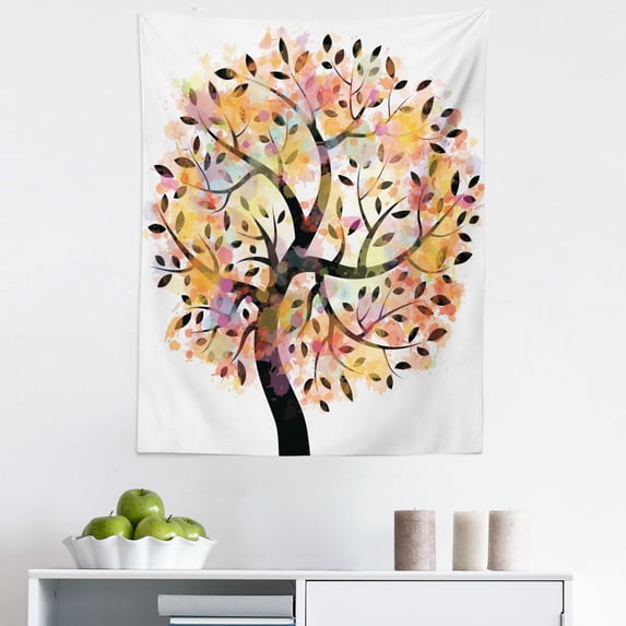 Tree Tapestry, Colorful Spring Season Tree Leaves of Life Abstract Painting Pastoral Style Design, Fabric Wall Hanging Decor for Bedroom Living Room Dorm, 5 Sizes, Multicolor, by Ambesonne