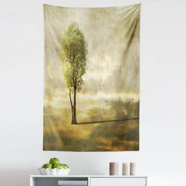 Tree Tapestry, Surreal Landscape with Lonely Tree in Beige Tones Elements of Woodland, Fabric Wall Hanging Decor for Bedroom Living Room Dorm, 5 Sizes, Beige Green Pale Yellow, by Ambesonne