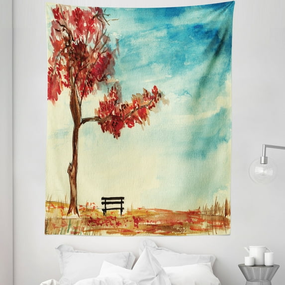 Tree Tapestry, Watercolors Design of a Tree and Bench Earth Ecological Protection for Future Image, Fabric Wall Hanging Decor for Bedroom Living Room Dorm, 5 Sizes, Orange Blue, by Ambesonne