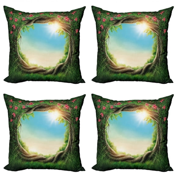 Ambesonne Tree Throw Pillow Cover 4 Pack, Enchanted Forest in Spring, 16", Green Pink Cocoa
