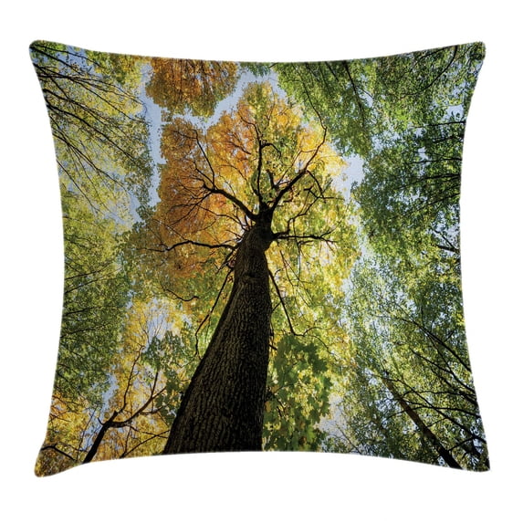 Tree Throw Pillow Cushion Cover, Ancient Forest in Autumn Green Nature Deciduous Foliage Growth Eco, Decorative Square Accent Pillow Case, 20 X 20 Inches, Light Green Dark Brown Yellow, by Ambesonne