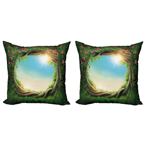 Ambesonne Tree Throw Pillow Cover 2 Pack, Enchanted Forest in Spring, 20", Green Pink Cocoa