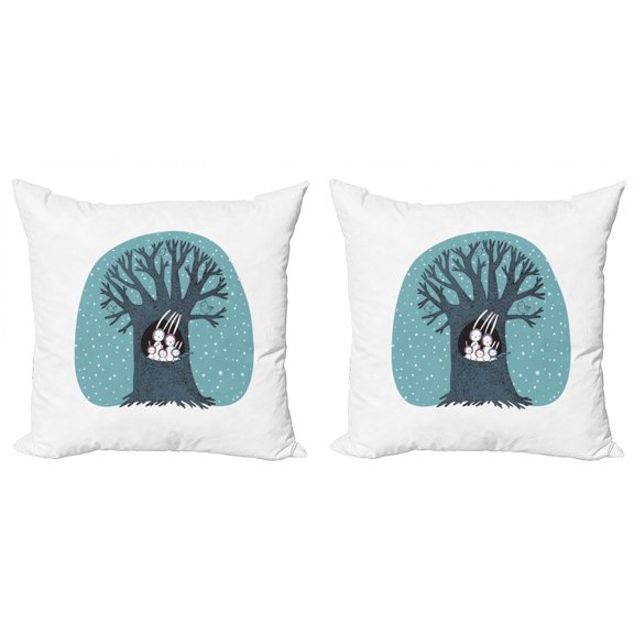 Tree Throw Pillow Cushion Cover Pack of 2, Leafless Winter Tree with Bunch of Rabbit on Its Hollow and Birds on Branches Snowfall, Zippered Double-Side Digital Print, 4 Sizes, Multicolor, by Ambesonne