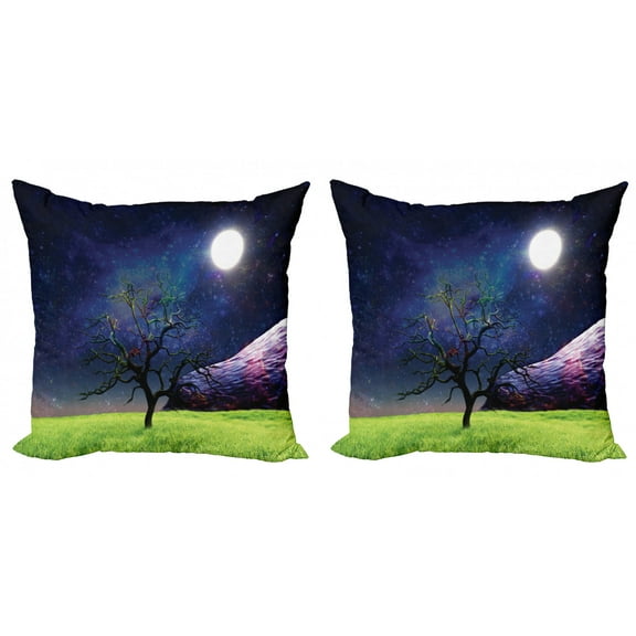 Ambesonne Tree Throw Pillow Cover 2 Pack, Full Moon Galaxy Grass, 18", Green and Navy