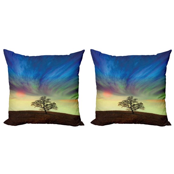 Ambesonne Tree Throw Pillow Cover 2 Pack, Surreal Sky Field Ombre, 18", Blue Lime Brown