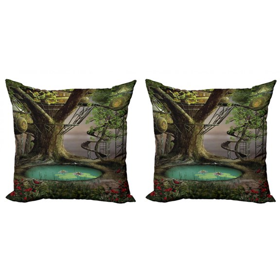 Ambesonne Tree Throw Pillow Cover 2 Pack, Enchanted Tree Fort Pond, 20", Green Brown Jade Green