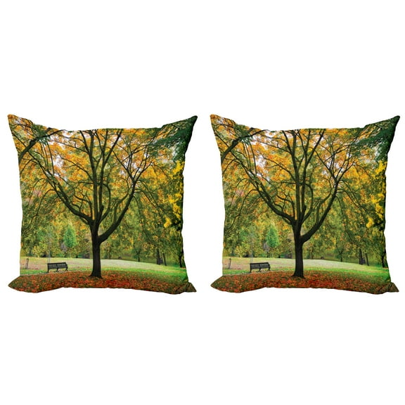 Ambesonne Fall Throw Pillow Cover 2 Pack, Autumn Park Leaves Nature, 16", Green Yellow