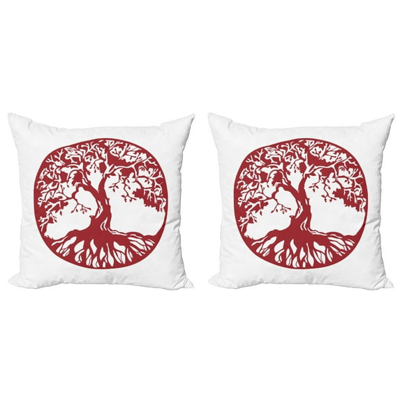 Ambesonne Tree Throw Pillow Cover 2 Pack, Traditional Oak Silhouette, 16", Ruby and White