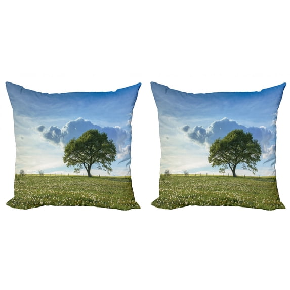 Ambesonne Nature Throw Pillow Cover 2 Pack, Tree on Field Summer, 20", Green Blue