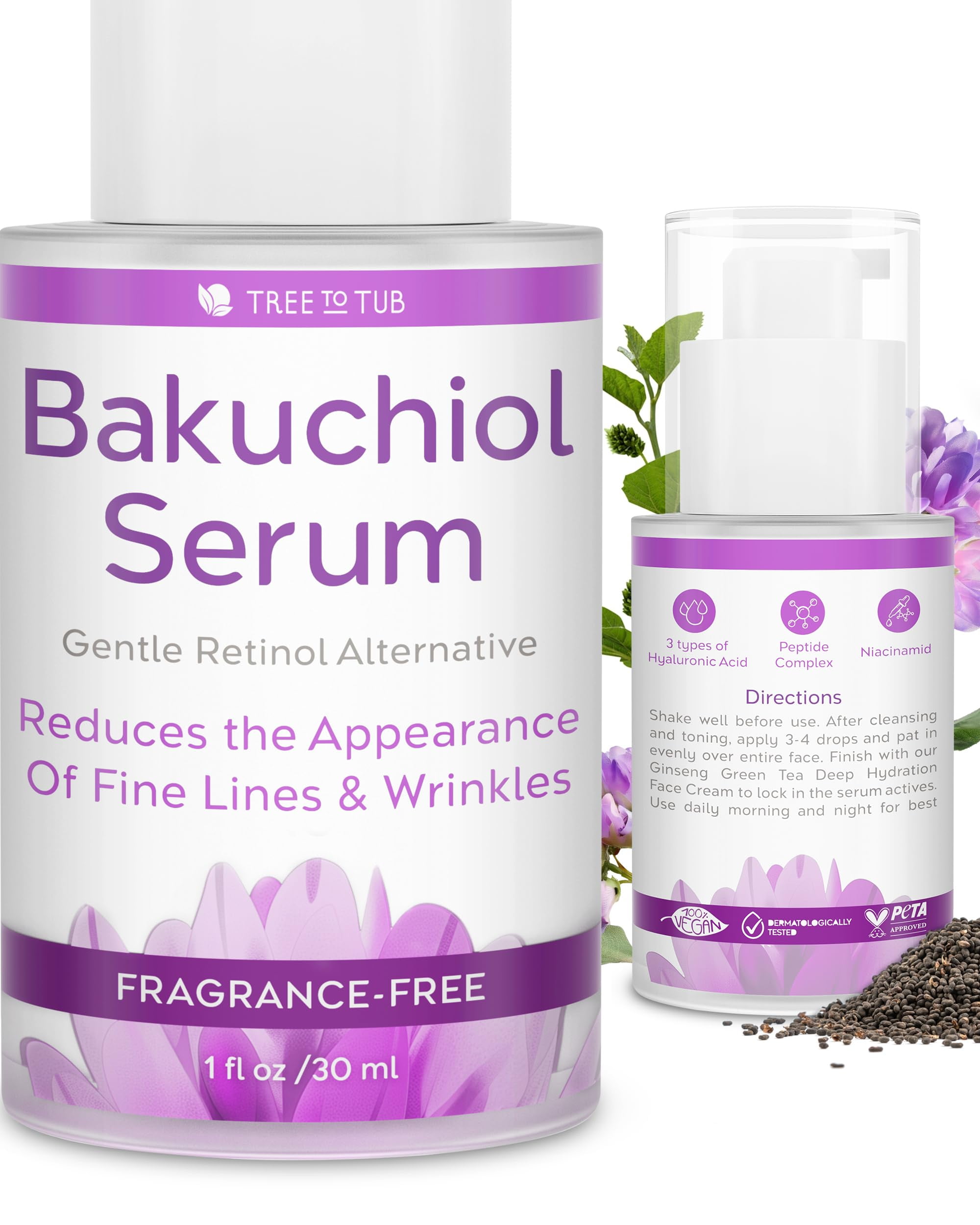Tree To Tub Bakuchiol Face Serum - Gentle Hydrating Retinol Alternative for Fine Lines & Wrinkles with Hyaluronic Acid & Peptides for All Skin Types