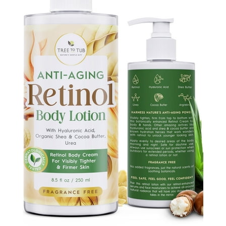 Tree To Tub Retinol Body Lotion - Hydrating Retinol Body Cream, Retinol Firming Cream w/ Hyaluronic Acid & Shea Butter, Body Lotion for Crepey Skin