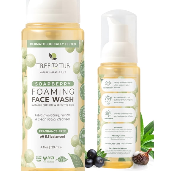Tree To Tub Sensitive Skin Face Wash for Dry Skin - Fragrance Free Gentle Face Cleanser for Women & Men, Unscented Hydrating Foaming Facial Cleanser
