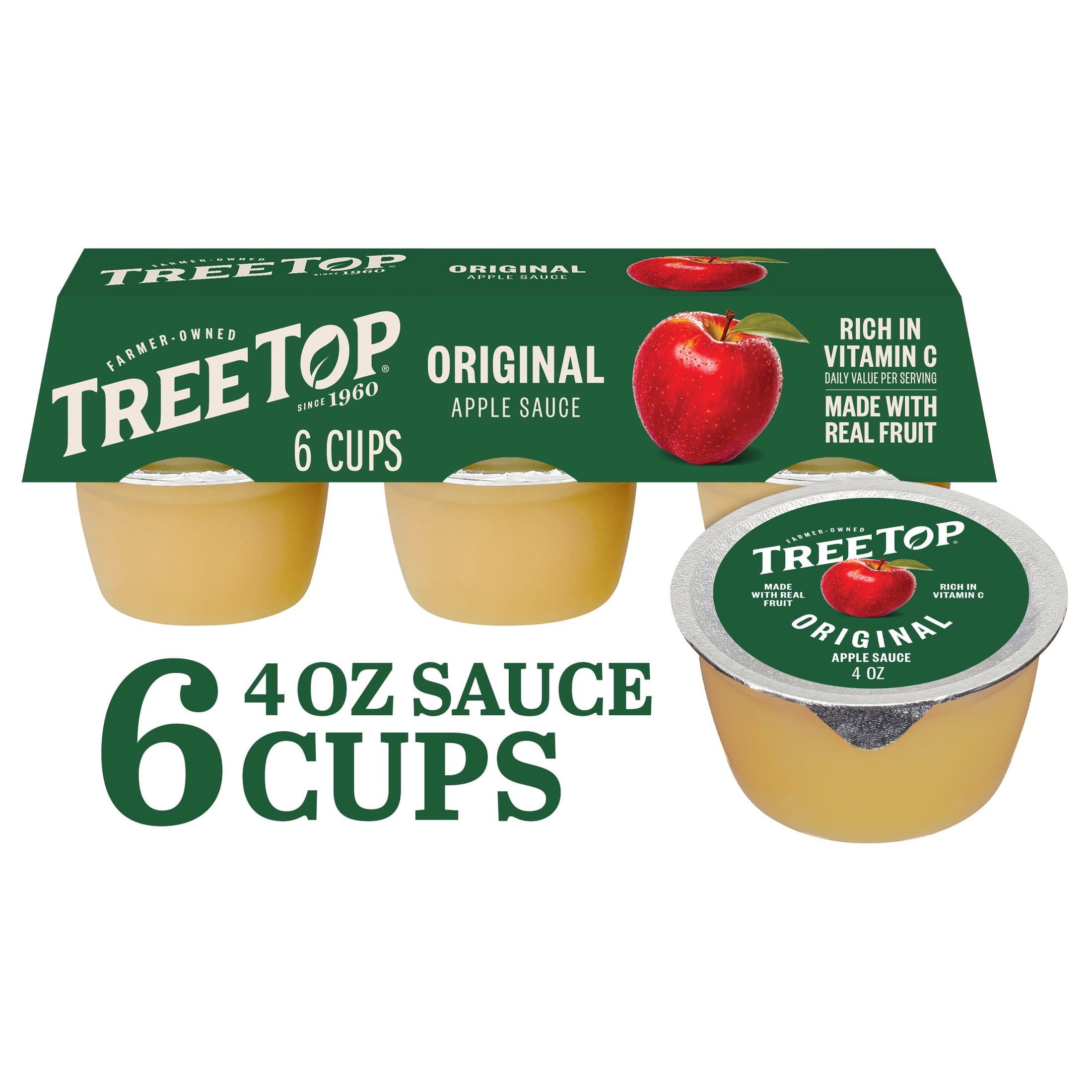Tree Top Original Apple Sauce Cups, Made with Real Fruit, 4 Oz, 6 Count