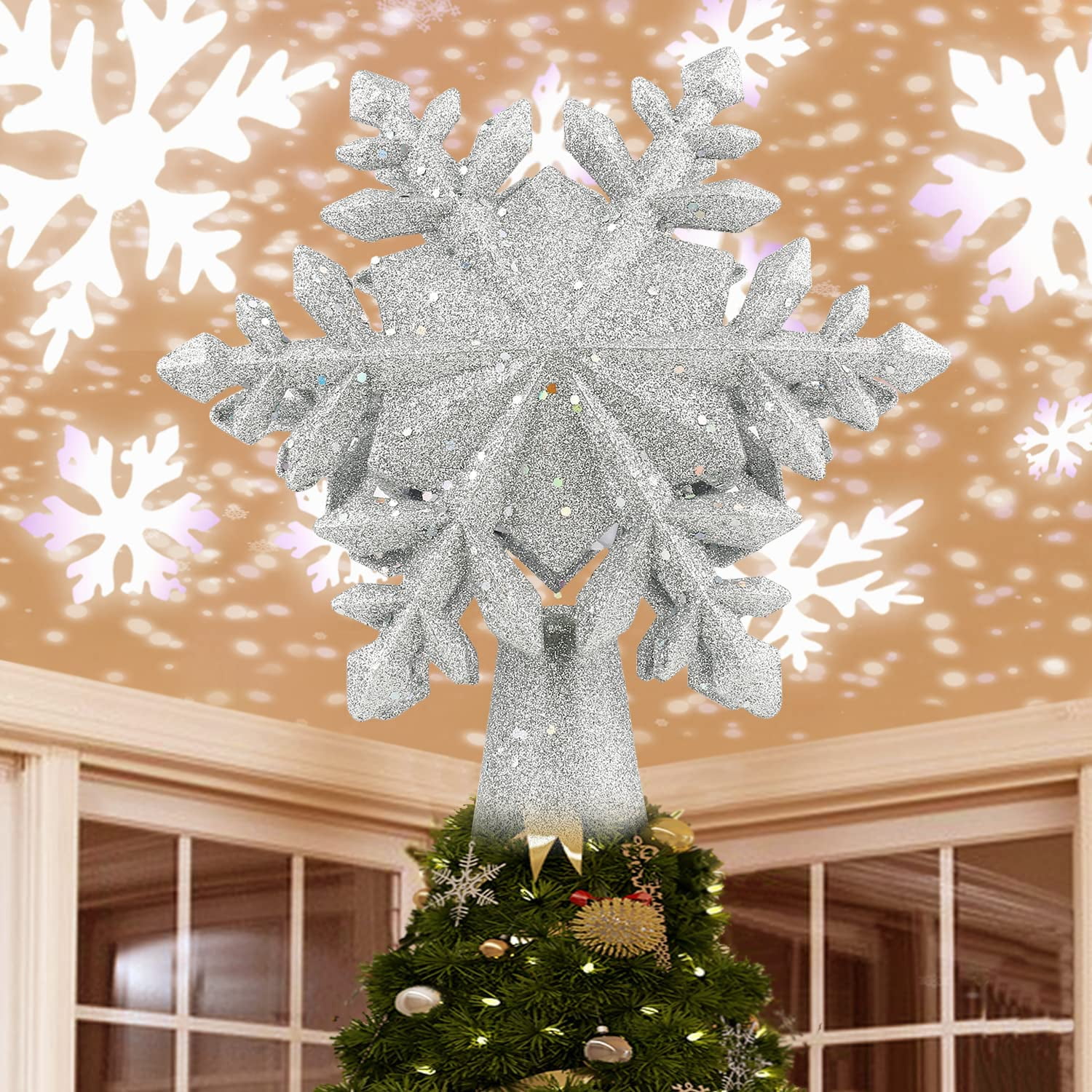 Tree Topper,Builtin LED Christmas Tree Topper with Projector,Rotating