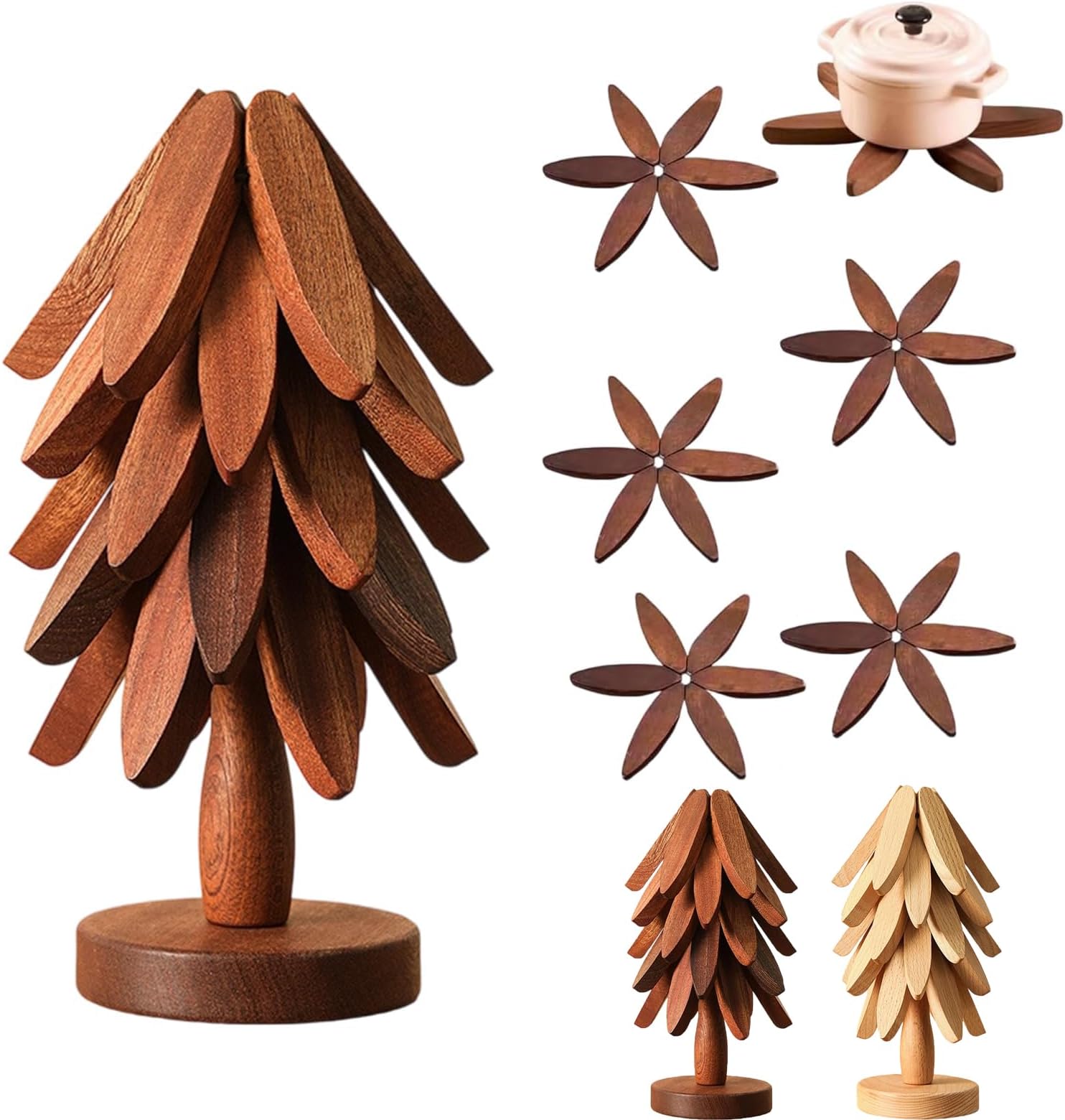 Trivett Tree Tree Trivet Set, 3/4/5 Wooden Trivets & 1 Stand Like a Christmas Tree ...