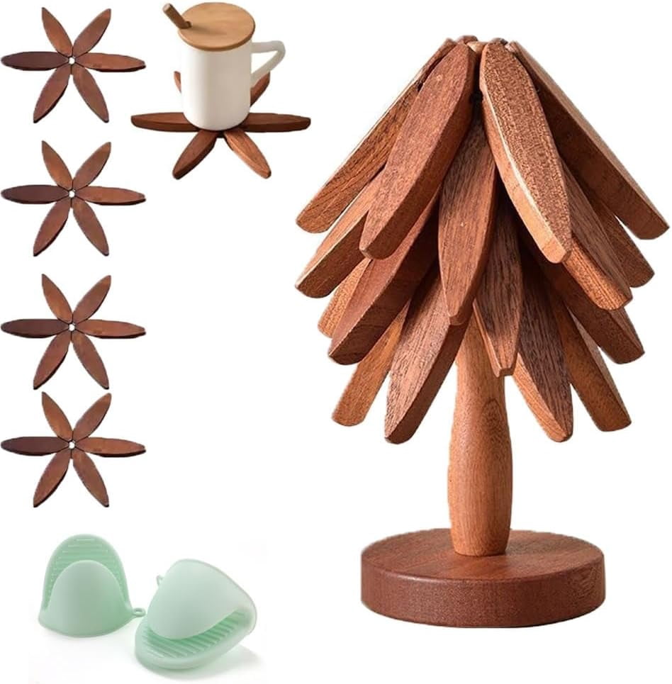 Trivett Tree Tree Trivet Set - 4 Wooden Trivets & 1 Stand Like a Christmas Tree ...