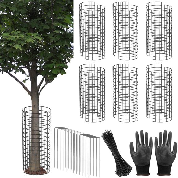 Tree Trunk Protector, 12 Pcs Metal Tree Guards Trunk Protector with Glove & Metal Stakes & Zip Ties, 6 Pack Mesh Tree Bark Protector, Plant Protectors from Deer Animals Mowers Trimmers